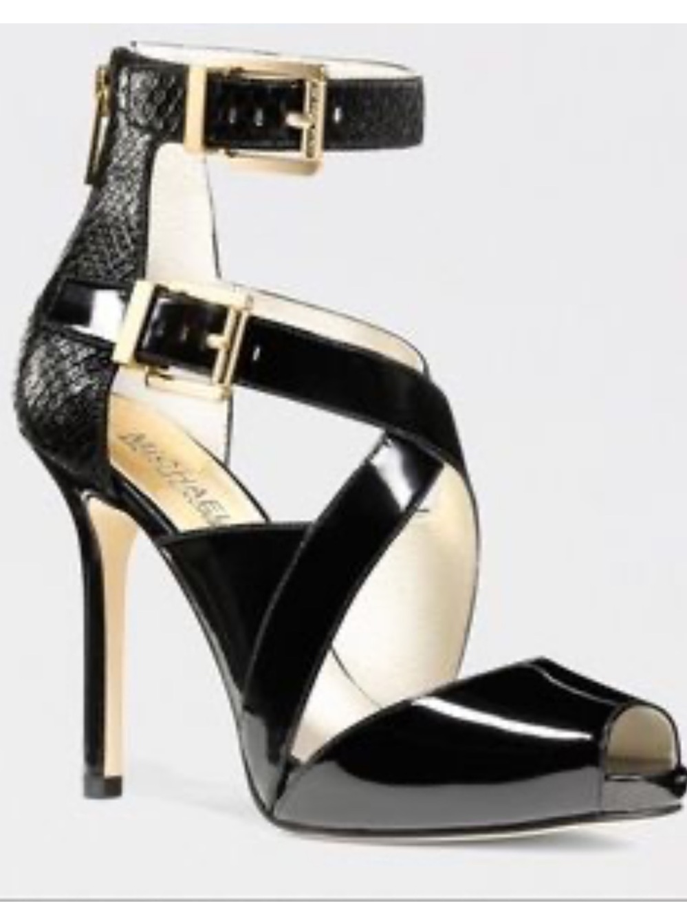 Michael Kors Black Patent Leather Crisscross Peep-Toe Heels with Ankle Buckle